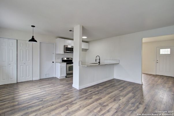 Interior, Kitchen, Pendant Lights, Recessed Lighting, Stainless Steel Appliances, Wood Texture Flooring