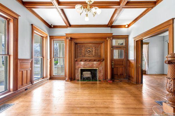 Empty room, Fireplace, Interior, Wooden Beams, Wood Texture Flooring