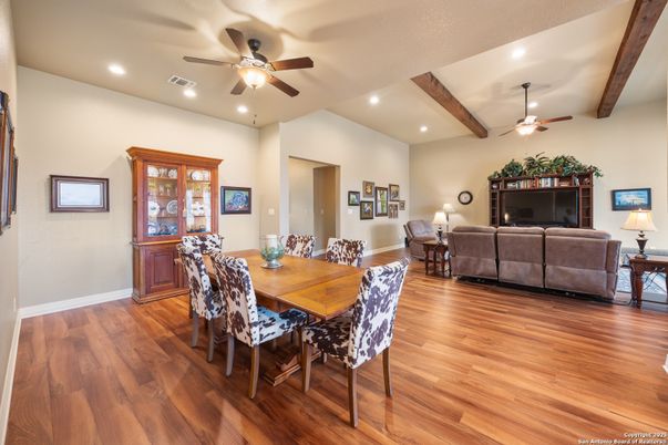 Dining room, Interior, Living room, Recessed Lighting, Wooden Beams, Wood Texture Flooring