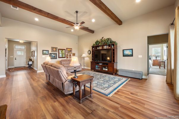 Interior, Living room, Recessed Lighting, Wooden Beams, Wood Texture Flooring