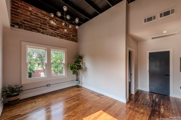 Empty room, Interior, Recessed Lighting, Stone Walls, Wood Texture Flooring
