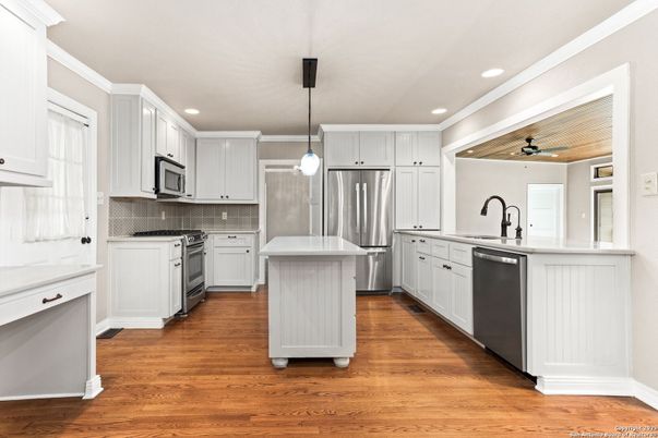 Interior, Kitchen, Pendant Lights, Recessed Lighting, Stainless Steel Appliances, Wood Texture Flooring