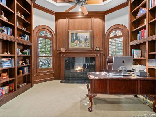 Fireplace, Home Office, Interior, Wooden Walls