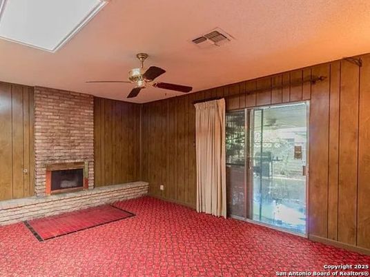 Empty room, Fireplace, Interior, Stone Walls, Wooden Walls