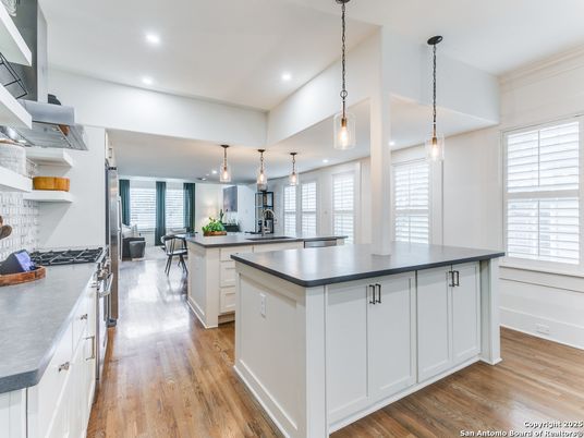 Interior, Kitchen, Pendant Lights, Recessed Lighting, Wood Texture Flooring