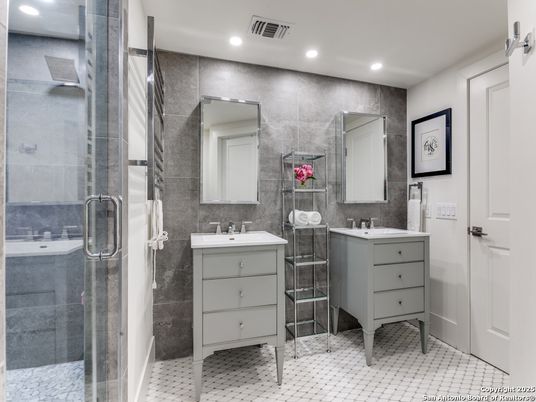 Bathroom, Dual Sink Vanities, Glass Shower, Interior, Recessed Lighting
