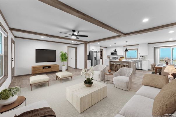 Dining room, Interior, Kitchen, Living room, Pendant Lights, Recessed Lighting, Stainless Steel Appliances, Wooden Beams, Wood Texture Flooring