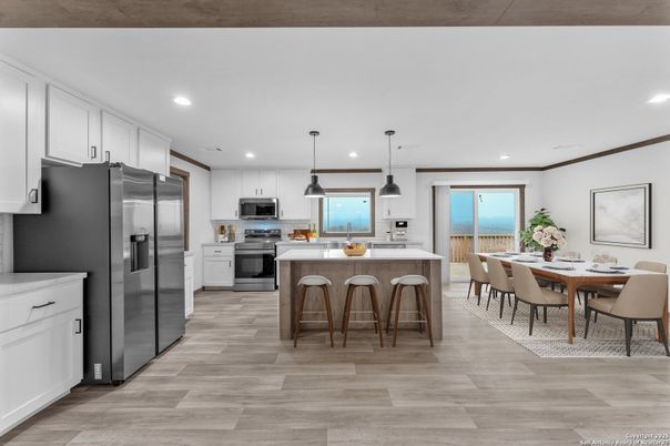 Dining room, Interior, Kitchen, Pendant Lights, Recessed Lighting, Stainless Steel Appliances, Wood Texture Flooring