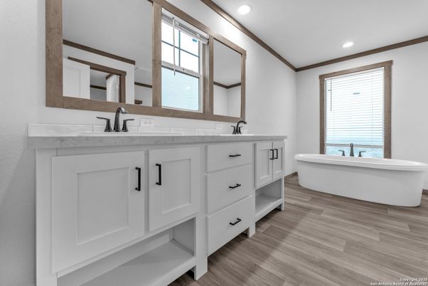Bathroom, Dual Sink Vanities, Free Standing Baths, Interior, Recessed Lighting, Wood Texture Flooring