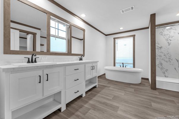 Bathroom, Dual Sink Vanities, Free Standing Baths, Interior, Marble Walls, Recessed Lighting, Wood Texture Flooring