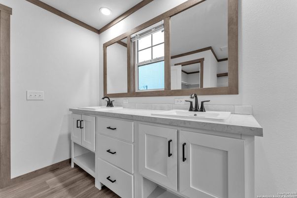 Bathroom, Dual Sink Vanities, Interior, Recessed Lighting, Wood Texture Flooring