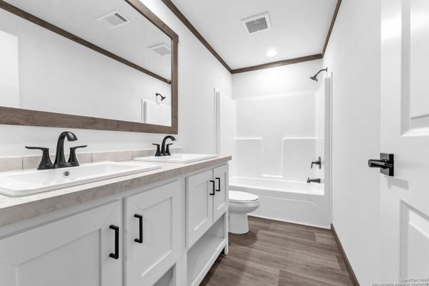 Bathroom, Dual Sink Vanities, Interior, Recessed Lighting, Wood Texture Flooring