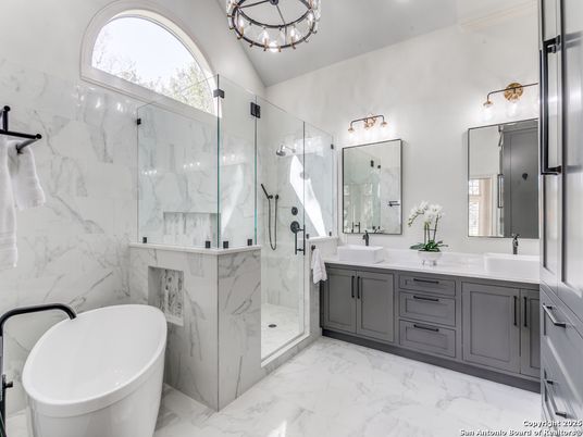 Bathroom, Dual Sink Vanities, Free Standing Baths, Glass Shower, Interior, Marble, Marble Walls