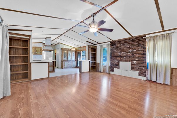 Empty room, Interior, Kitchen, Stone Walls, Wood Texture Flooring