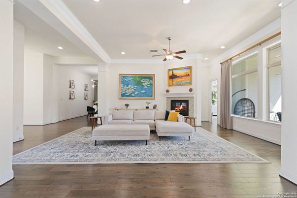 Fireplace, Interior, Living room, Recessed Lighting, Wood Texture Flooring