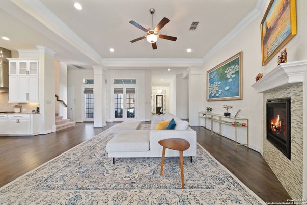 Fireplace, Interior, Living room, Recessed Lighting, Wood Texture Flooring