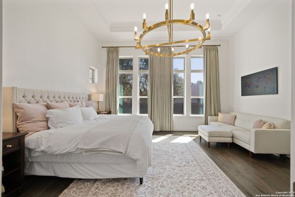 Bedroom, Chandelier, Interior, Wood Texture Flooring