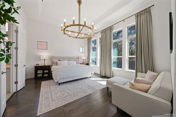 Bedroom, Chandelier, Interior, Pendant Lights, Wood Texture Flooring
