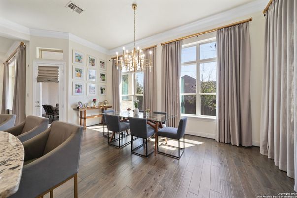 Dining room, Interior, Pendant Lights, Wood Texture Flooring