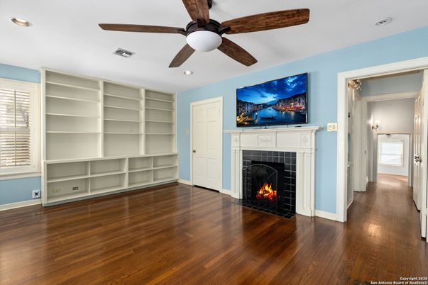 Empty room, Fireplace, Interior, Recessed Lighting, Wood Texture Flooring