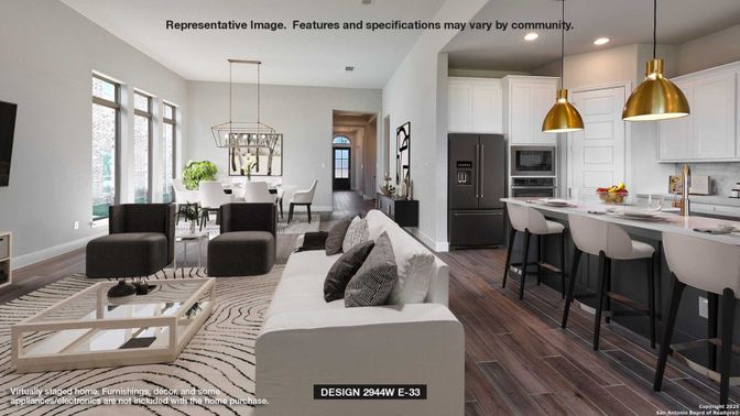 Dining room, Interior, Kitchen, Living room, Pendant Lights, Recessed Lighting, Stainless Steel Appliances, Wood Texture Flooring