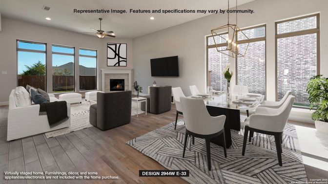 Dining room, Fireplace, Interior, Living room, Pendant Lights, Recessed Lighting, Wood Texture Flooring