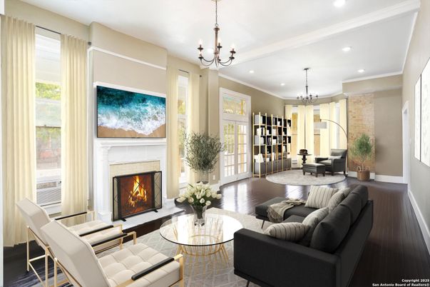 Chandelier, Fireplace, Interior, Living room, Recessed Lighting, Wood Texture Flooring