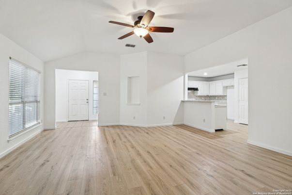 Empty room, Interior, Kitchen, Recessed Lighting, Wood Texture Flooring