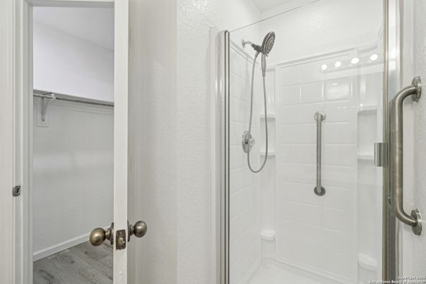 Bathroom, Glass Shower, Interior, Wood Texture Flooring