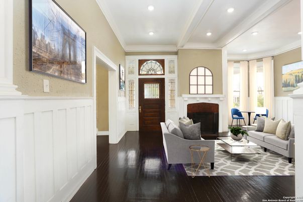 Fireplace, Interior, Living room, Recessed Lighting, Wood Texture Flooring
