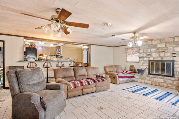 Fireplace, Interior, Kitchen, Living room, Stone Walls