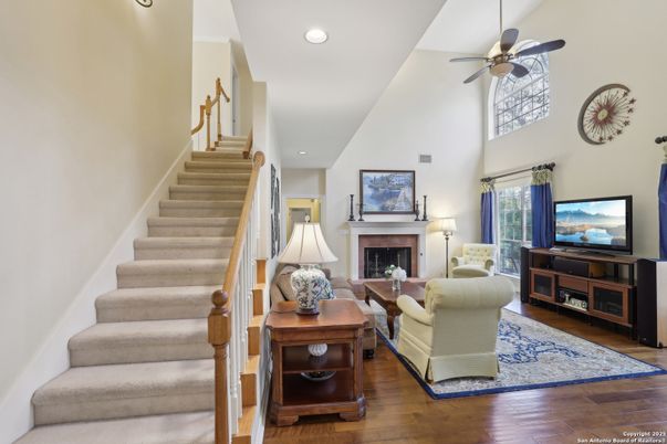 Fireplace, Interior, Living room, Recessed Lighting, Wood Texture Flooring