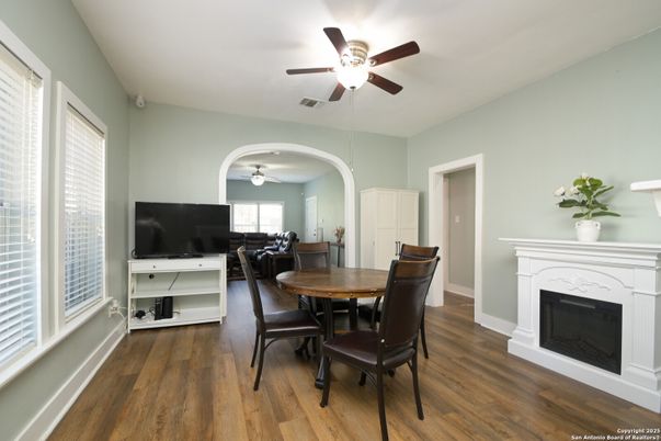 Dining room, Fireplace, Interior, Wood Texture Flooring