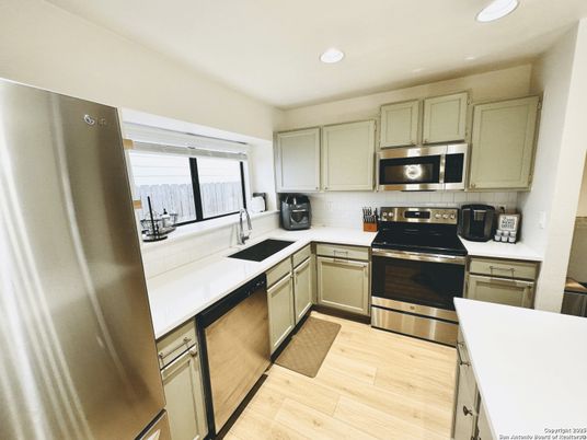 Interior, Kitchen, Recessed Lighting, Stainless Steel Appliances, Wood Texture Flooring