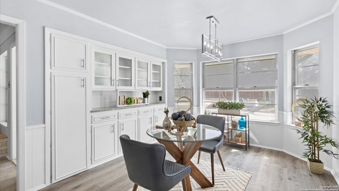 Dining room, Interior, Pendant Lights, Wood Texture Flooring