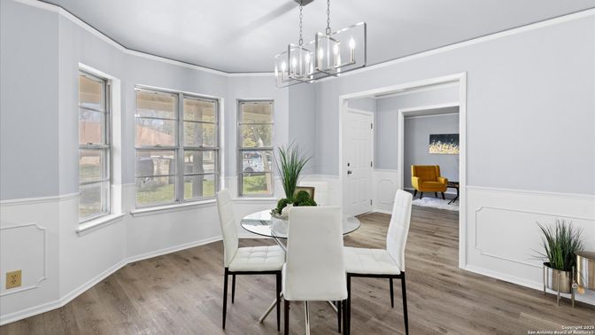 Dining room, Interior, Pendant Lights, Wood Texture Flooring
