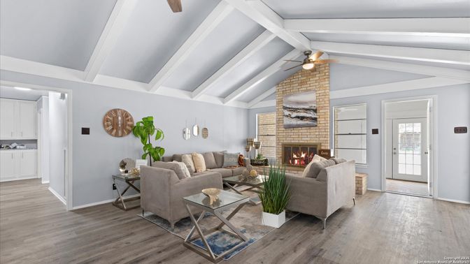 Fireplace, Interior, Living room, Stone Walls, Wood Texture Flooring