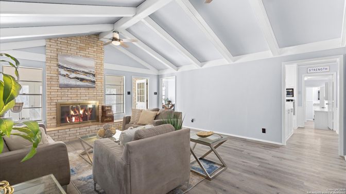 Fireplace, Interior, Living room, Stone Walls, Wood Texture Flooring