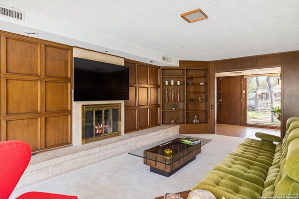 Fireplace, Interior, Living room, Recessed Lighting, Wooden Walls