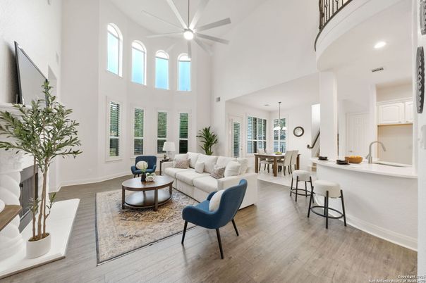 Dining room, Interior, Living room, Pendant Lights, Recessed Lighting, Wood Texture Flooring