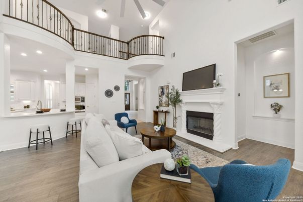 Fireplace, Interior, Kitchen, Living room, Recessed Lighting, Wood Texture Flooring