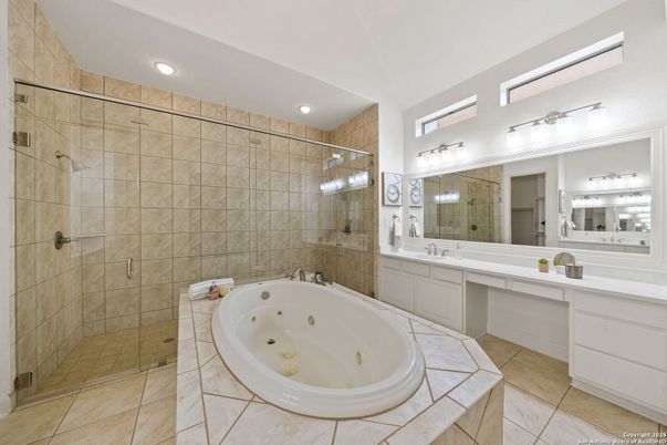 Bathroom, Dual Sink Vanities, Glass Shower, Interior, Recessed Lighting