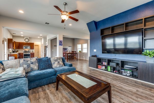 Dining room, Interior, Kitchen, Living room, Recessed Lighting, Stainless Steel Appliances, Wood Texture Flooring