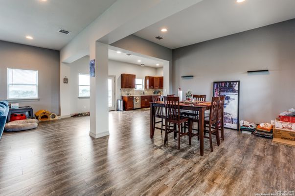 Dining room, Interior, Kitchen, Recessed Lighting, Wood Texture Flooring