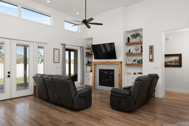 Fireplace, Interior, Living room, Recessed Lighting, Wood Texture Flooring