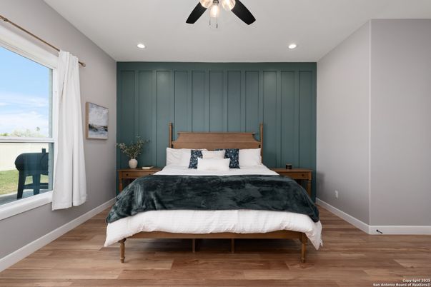 Bedroom, Interior, Recessed Lighting, Wood Texture Flooring