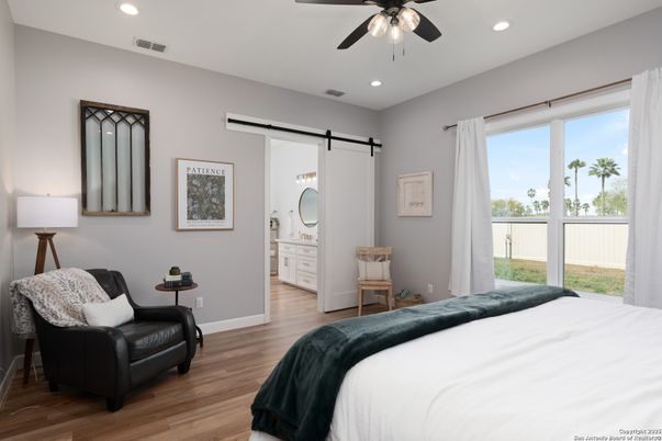 Bedroom, Interior, Recessed Lighting, Wood Texture Flooring