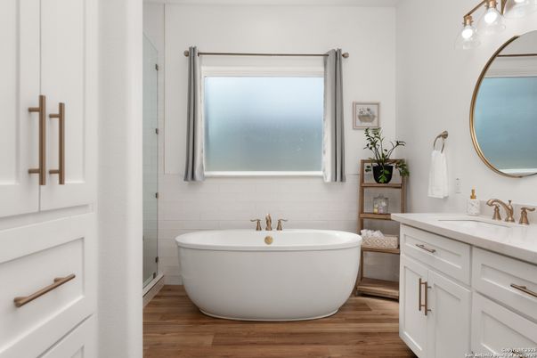 Bathroom, Dual Sink Vanities, Free Standing Baths, Interior, Wood Texture Flooring