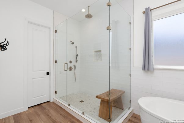 Bathroom, Glass Shower, Interior, Recessed Lighting, Wood Texture Flooring
