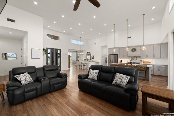 Dining room, Interior, Kitchen, Living room, Pendant Lights, Recessed Lighting, Stainless Steel Appliances, Wood Texture Flooring